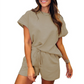💖Damen einfarbiges Set aus strukturiertem Stoff: Kurzarm-Oberteil und Shorts mit Kordelzug