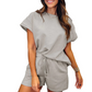 💖Damen einfarbiges Set aus strukturiertem Stoff: Kurzarm-Oberteil und Shorts mit Kordelzug