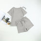 💖Damen einfarbiges Set aus strukturiertem Stoff: Kurzarm-Oberteil und Shorts mit Kordelzug