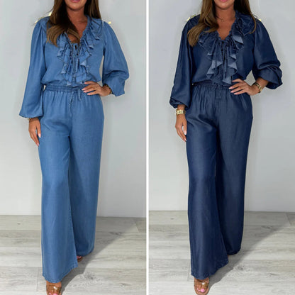 🍃Damen-Set aus Langarm-Oberteil mit gestuftem Design und weiter Hose