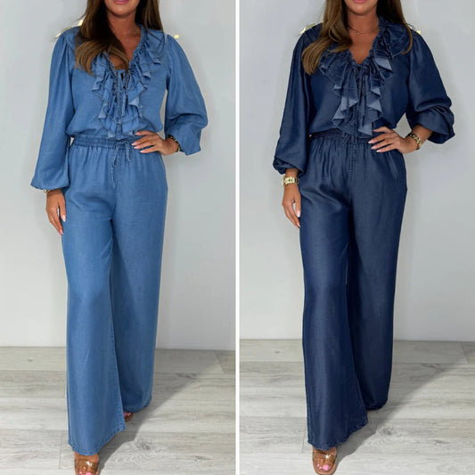 🍃Damen-Set aus Langarm-Oberteil mit gestuftem Design und weiter Hose