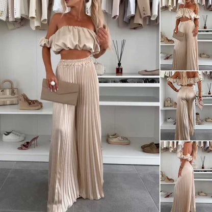 🔥2025 Hot Sale🔥Sexy, einfarbiges Oberteil und Hose mit weitem Bein für Damen, zweiteiliges Set