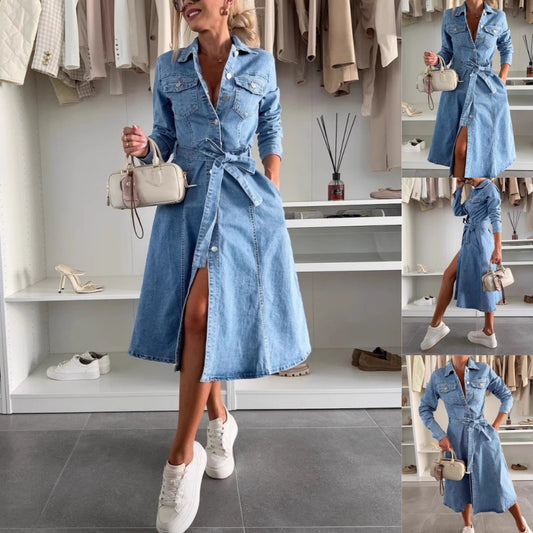 📣Bis zu 50 % Rabatt!👗Langärmeliges Denim-Kleid mit Knopfleiste für Frauen
