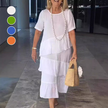 50%Rabatt🔥Einfarbiges Damenkleid mit plissiertem, gestuftem Rundhalsausschnitt