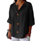 Women's Loose V-Neck Top with Buttons and 3/4 Sleeves