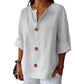 Women's Loose V-Neck Top with Buttons and 3/4 Sleeves