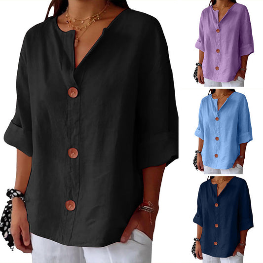 Women's Loose V-Neck Top with Buttons and 3/4 Sleeves