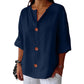 Women's Loose V-Neck Top with Buttons and 3/4 Sleeves