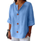 Women's Loose V-Neck Top with Buttons and 3/4 Sleeves