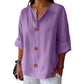 Women's Loose V-Neck Top with Buttons and 3/4 Sleeves