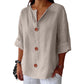 Women's Loose V-Neck Top with Buttons and 3/4 Sleeves