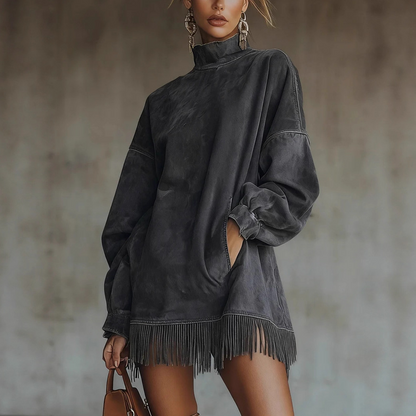 ✨ LETZTER TAG VERKAUF 50% RABATT ✨Casual Turtleneck Pocket Dress with Tassel Hem