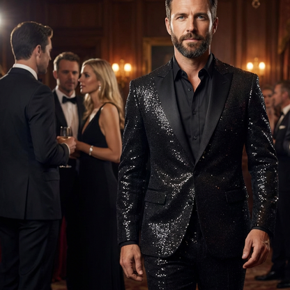 💎 50% RABATT! 💎 Herren Smoking-Anzug in Schwarz mit Glitzer – Funkelnder Sternenhimmel-Stoff, Slim-Fit & Schalkragen für Galas 🌌🎩