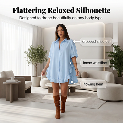 Oversized-Minikleid für Damen mit Knopfleiste und Rüschen am Saum