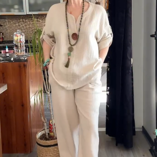 💥 50% RABATT 🔥 Damen Loungewear Set mit Roll-Tab Ärmeln – bequem, stilvoll & perfekt für Zuhause ✨