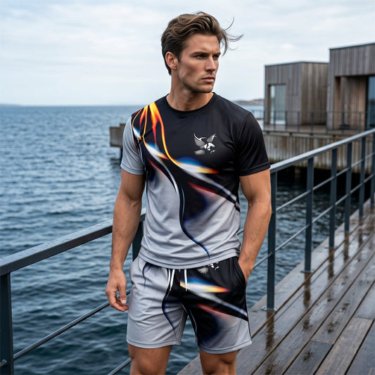 🥳 50 % RABATT! 🔥Herren Sport & Freizeit Set: T-Shirt & Shorts mit abstraktem Print – Schnelltrocknend & bequem für Sommer🛍️
