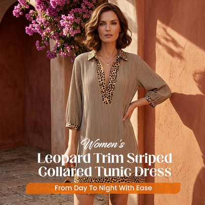 🥳Jetzt 50% reduziert!🎁Damen Tunika-Kleid mit Rippenmuster & Leopardenbesatzkragen – 3/4-Arm Hemdkleid für Tag & Abend