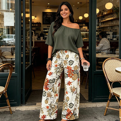 ⚠️ Nur noch wenige auf Lager! 2-teiliges Set aus schulterfreiem Oberteil und bedruckter Hose für Damen