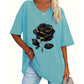 🌹 Damen-T-Shirt in Übergröße mit Rosenmuster und V-Ausschnitt – bequem, luftig & vielseitig – perfekt für Alltag, Strand & Freizeit