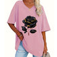 🌹 Damen-T-Shirt in Übergröße mit Rosenmuster und V-Ausschnitt – bequem, luftig & vielseitig – perfekt für Alltag, Strand & Freizeit