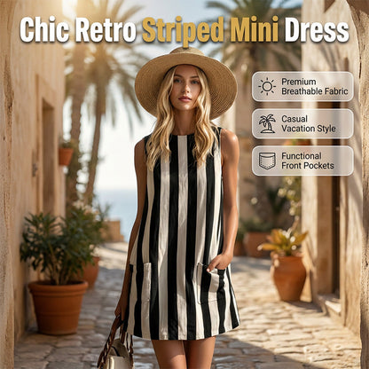 ⌛ Nur solange Vorrat reicht – danach regulärer Preis! Damen Ärmelloses Gestreiftes Rundhals-Minikleid mit Taschen