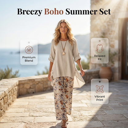 🔥 50% RABATT – Luftig-schickes 2-teiliges Boho-Sommer-Set – Tunika mit Halbarm & Blumen-Hose!