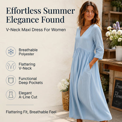 ⌛ Nur solange Vorrat reicht – danach regulärer Preis! Maxikleid für Damen mit V-Ausschnitt und 3/4-Ärmeln