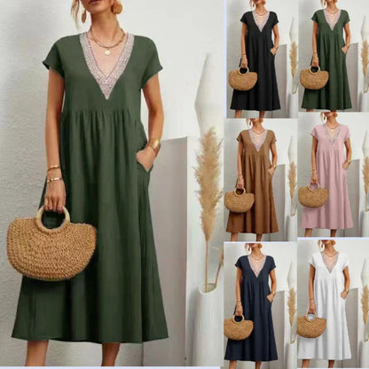 🔔 Letzte 100 Stück – solange der Vorrat reicht! Elegantes Damenkleid mit V-Ausschnitt, kurzen Ärmeln und lockerer Passform