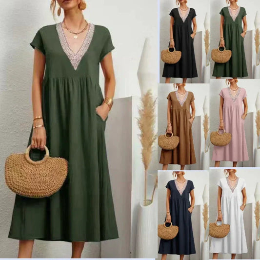 🔔 Letzte 100 Stück – solange der Vorrat reicht! Elegantes Damenkleid mit V-Ausschnitt, kurzen Ärmeln und lockerer Passform