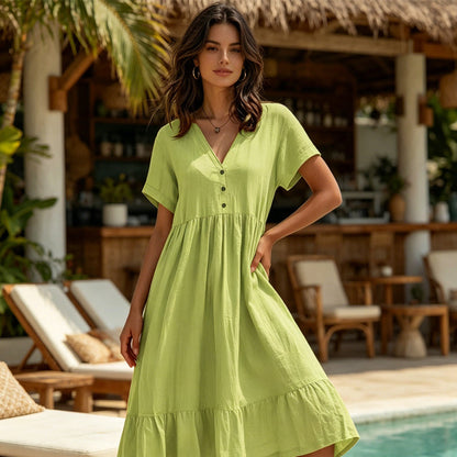 ⭐ 4,9 Sterne – nicht ohne Grund! 👗Midi-Kleid für Damen mit V-Ausschnitt, kurzen Ärmeln und Rüschen