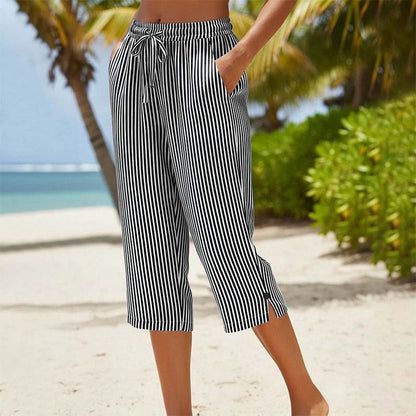 ⏰ Countdown läuft – 50% nur noch 3 Tage! Gestreifte Caprihose aus Baumwoll-Leinen-Mischgewebe für Damen mit Taschen
