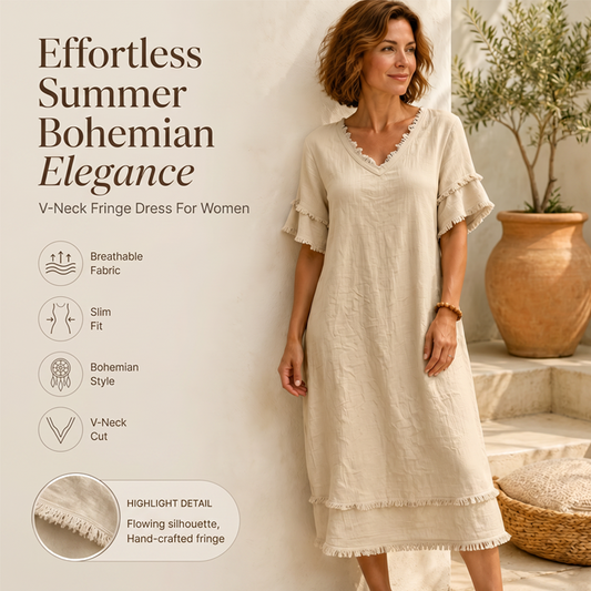📢📢 Alle tragen es – noch nicht? Jetzt 50%! Locker sitzendes Midi-Kleid für Damen mit V-Ausschnitt und Quasten