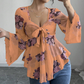 🏆 Verkaufsschlager – jetzt halber Preis! Damenbluse mit Blumenmuster, quadratischem Ausschnitt und geknoteter Vorderseite