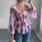 🏆 Verkaufsschlager – jetzt halber Preis! Damenbluse mit Blumenmuster, quadratischem Ausschnitt und geknoteter Vorderseite