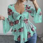 🏆 Verkaufsschlager – jetzt halber Preis! Damenbluse mit Blumenmuster, quadratischem Ausschnitt und geknoteter Vorderseite