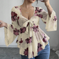 🏆 Verkaufsschlager – jetzt halber Preis! Damenbluse mit Blumenmuster, quadratischem Ausschnitt und geknoteter Vorderseite