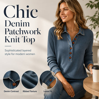 🚨 Eilmeldung: 50% endet heute Nacht! Langärmliges Patchwork-Strickoberteil für Damen mit Jeanskragen