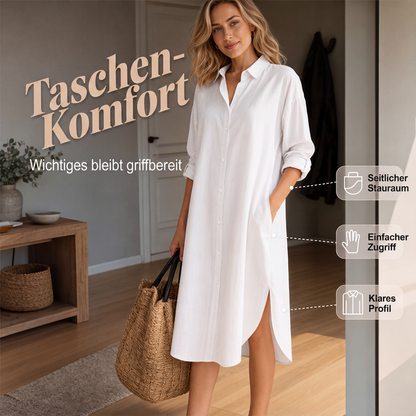 Weites Baumwoll-Leinen-Hemdkleid für Damen mit Taschen