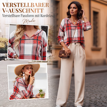 👚 50 % RABATT | Lässiger Karo-Look & entspannter Tragekomfort – Damen Kapuzenshirt mit V-Ausschnitt