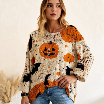 🌟 Der Look, den alle suchen – bei uns 50% günstiger!Damen-Halloween-Strickpullover im lockeren Schnitt mit Fledermausärmel
