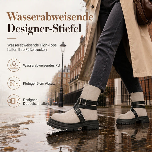 Damen-Stiefeletten mit runder Zehenpartie, Schnallenriemen, klobigem Mittelabsatz und Plateau