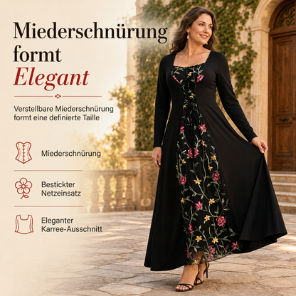 Schwarzes langärmeliges Corset-Maxikleid mit quadratischem Ausschnitt, Schnürung und floral besticktem Netzeinsatz