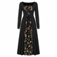 Schwarzes langärmeliges Corset-Maxikleid mit quadratischem Ausschnitt, Schnürung und floral besticktem Netzeinsatz