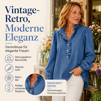 ⭐ 4,9 Sterne – nicht ohne Grund! Jeans-Oberteil für Damen mit Rüschenkragen und Puffärmeln