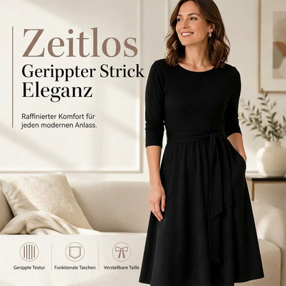 📢📢50%Rabatt!!!🎉✨Geripptes A-Linie-Midikleid für Damen mit Rundhalsausschnitt, 3/4-Ärmeln und Taschen