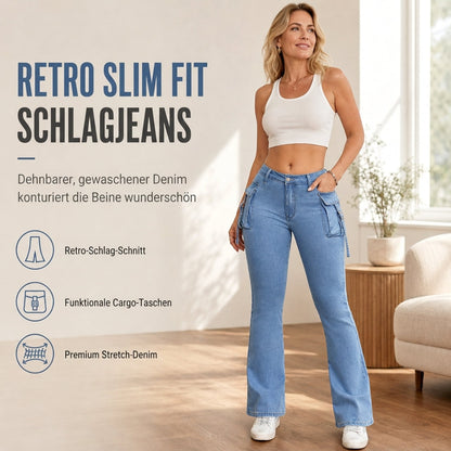 📢🎉50%Rabatt!!!🛍️✨Hochelastische, taillierte Cargo-Schlagjeans für Damen mit Pattenentaschen