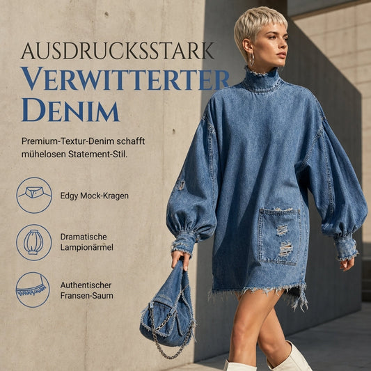 🧵 Lässig & modern – Übergroßes Denim-Minikleid mit Stehkragen – Weicher Denim, Oversize-Schnitt & vielseitig kombinierbar