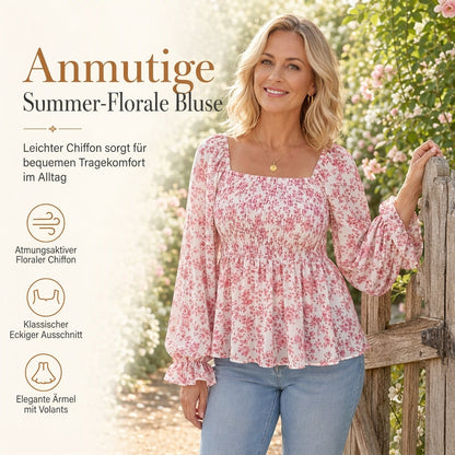 Lässige Damen-Bluse mit quadratischem Ausschnitt, ausgestellten Ärmeln und Blumenmuster aus Chiffon, Ferien-Top