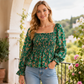 Lässige Damen-Bluse mit quadratischem Ausschnitt, ausgestellten Ärmeln und Blumenmuster aus Chiffon, Ferien-Top