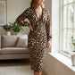 Damen Midikleid mit Spitze, Leopardenmuster, V-Ausschnitt und Laternenärmeln